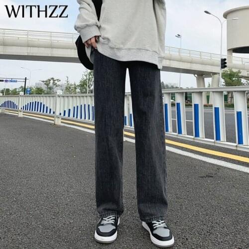 WITHZZ Spring Autumn Womens High Waist Denim Trousers Straight Wide Leg Pants Asian Size Jeans