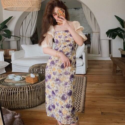 Women Flower Print Dress Sexy Square Collar Puff Sleeve Summer Dress Pleated Patchwork Lace Up Dresses
