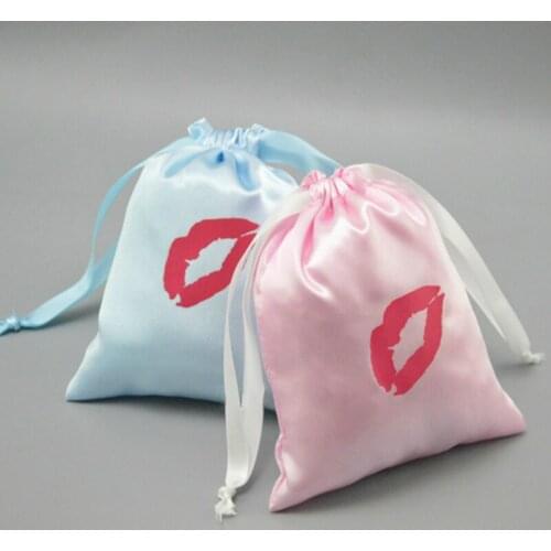 50PCS Satin Drawstring Bags Jewelry Pouch with Ribbon Silk Pocket Packaging Cosmetic Wedding Party Hair Gift Sachet Print Logo