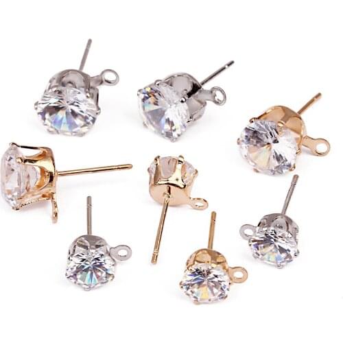 50pcs Copper Stud Earrings with Hole Gold Rhodium Color Zircon Earring Post for Women DIY Ear Jewelry Making Findings