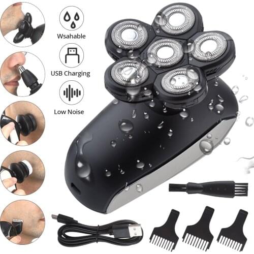 6 In 1 4D Electric Shaver Mens Rechargeable Bald Head 6 Floating Heads Beard Nose Ear Hair Trimmer Razor Clipper Facial Brush