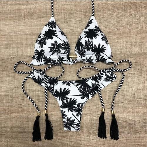 Melphieer Bikini 2020 Girls String Ties Halter Brazilian Bikini Swimsuit Plam Tree Print Swimwear Summer Beach Wear Bathing Suit