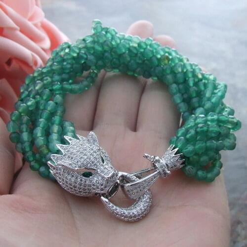 New natural CZ leopard head Clasp Faceted round Green stone 9 Strds 8" Bracelet 20CM
