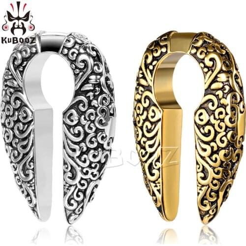 KUBOOZ Trendy Popular Stainless Steel Gold Flower Pattern Ear Weight Body Piercing Jewelry Ear Clip Gauges Expanders Stretchers