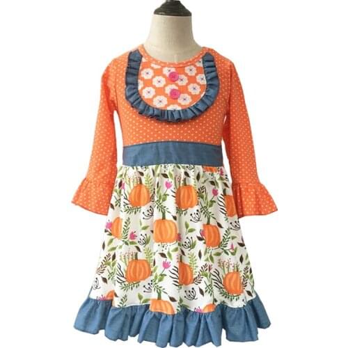 Children New Style Hot Sell Cotton Boutique Pumpkin Baby Dress Girls Long Sleeve Children Clothing Casual Party Halloween Dress