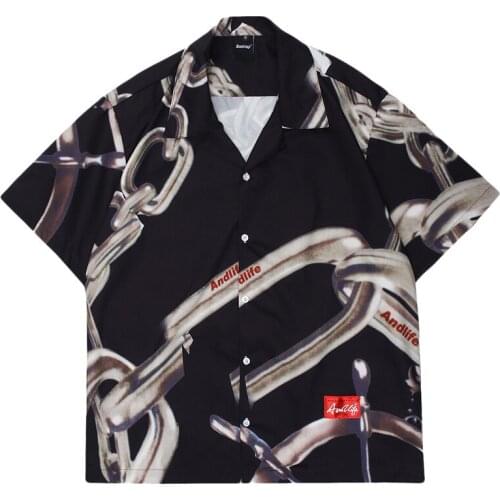 Metal Wind Chain Full Print Short Sleeve Shirt Mens Fashion Street BF Loose Casual Short Tee Thin Tops for Men