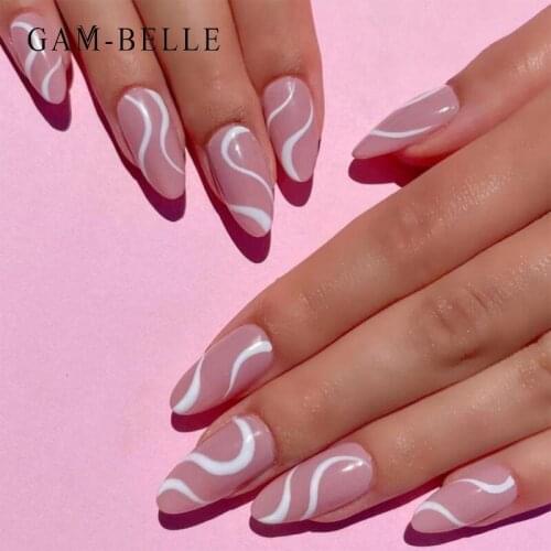 GAM-BELLE Long Stiletto False Nails Elegant Pink Wave Artificial Press On Nails Tips Full Cover Fake Nail Art Decoration Tool