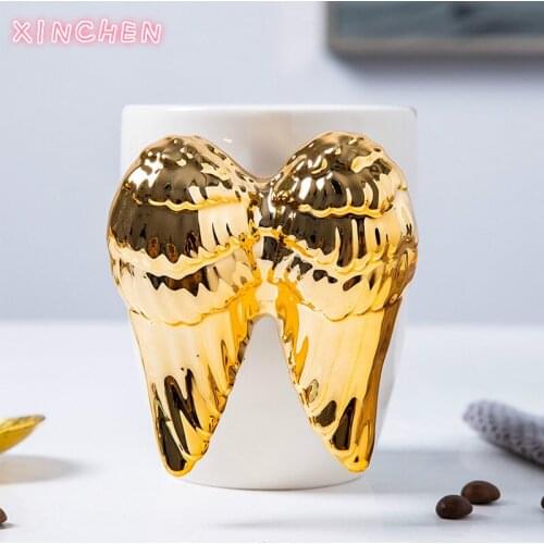 New Gold Plated Handle Angel Wings Coffee Mug Creative White Ceramic Office Home Tea Milk Porcelain Mugs Couple Gift Home Decor