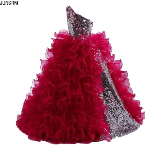 Red 2021 Girls Pageant Dresses For Weddings Ball Gown One-shoulder Sequins Ruffles Flower Girl Dresses For Little Girls