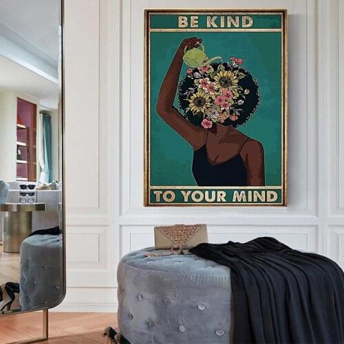Black Girl Mental Health Poster Mental Be Kind To Your Mind Positive Art Prints African Woman Vintage Canvas Painting Home Decor