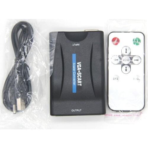 1080P VGA to SCART Video Audio Converter Adapter Digital Video Audio TV Signal Conversor With Remote Control Power VGA Cables