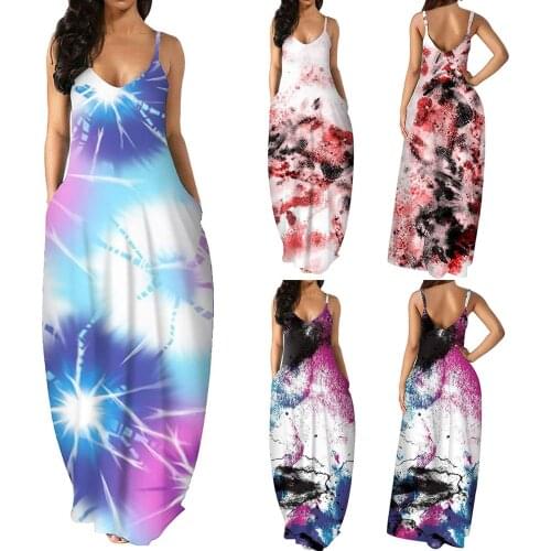 SAGACE Tie dye printing large skirt sexy deep V sling womens dress 2021 summer new loose fashion trend casual womens wear