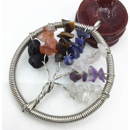 Silver-color natural mix-stone gravel charms round pendant for women 50mm winding tree of life wisdom handmade jewelry B3057