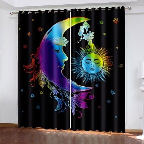 Sun and Moon Black 3D Printed Black Out and Comfortable Curtain Kit, Suitable for Everyone Who Is Used To Sleeping At Noon