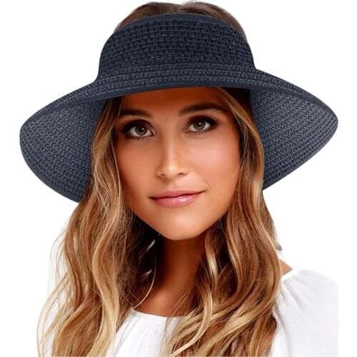 Adult Lady Straw Hat Fashion Womens Solid Color Knitting Wide Roll-up Stretch Straw Sun Hat Sun Visor Comfortable Fabric