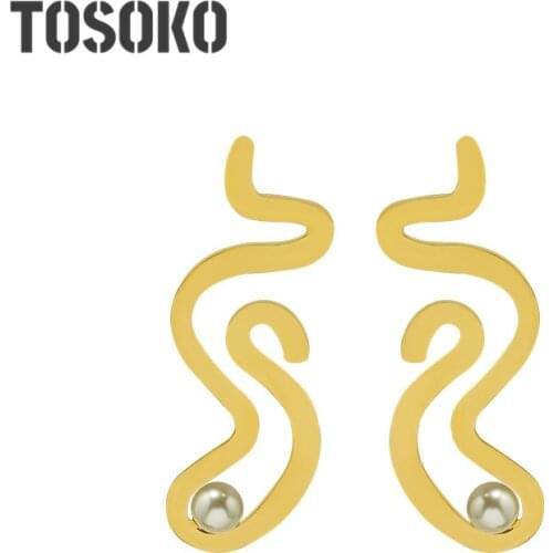TOSOKO Stainless Steel Jewelry S-Curve Different Work Earrings Imitation Pearl Earrings Female Fashion Earrings BSF431