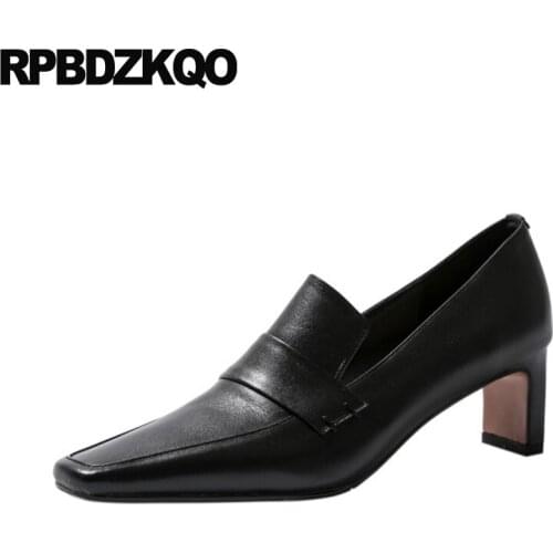 Court Pumps 2021 Vintage Square Toe Medium Heels Formal Black Closed High Genuine Leather Size 4 34 Shoes Red Thick Work Ladies