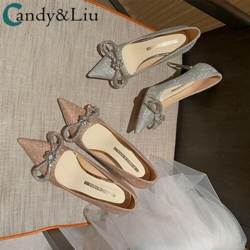 Women Pumps Pointed High Heels Womens Thin Heels Spring Summer 2021 New Wedding Shoes Bride Shoes Crystal Bow Size Plus Number