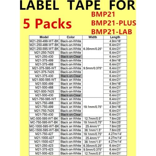 5PK Label M21-750-427 M21-750-499 M21-500-595 M21-250-423 Compatible Labels BMP21,BMP21-PLUS,BMP21-LAB Printer Labeling TAPE TAG