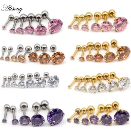 Alisouy 1pcs 16G 2/3/4/5/6/8mm Round Clear Pink Purple Crystal ear jewlery Piercing Steel Ear Cartilage Piercing Body Jewelry