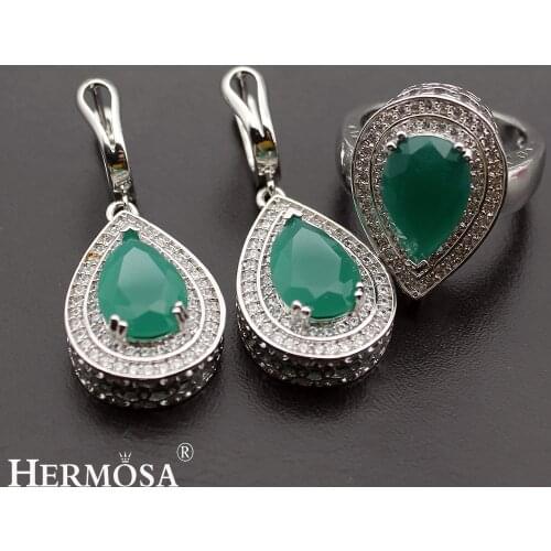 Jewelry Set GreenEmerald Silver Color Earrings Ring Size 8 Sets For Women Green Teardrop Design
