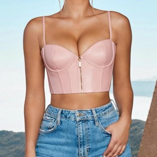 S2021 exy Summer Women Leather Corset Solid Color Sling Backless Front Zipper Bustier Crop Top Female Stylish Slim PU Camis Vest