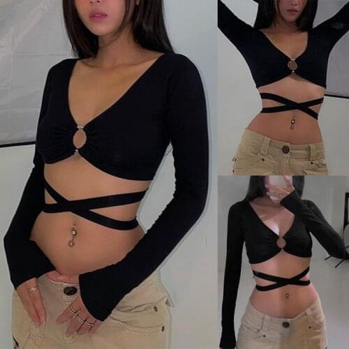 Hot kf-Sexy Low Cut V-Neck Long Sleeve Metal Ring Hollow Crop Tops Fall Womens T-Shirt Slim Fashion Top Black