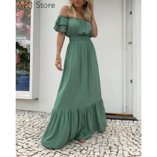 Women Solid Color Off Shoulder Ruffle Hem Maxi Dress