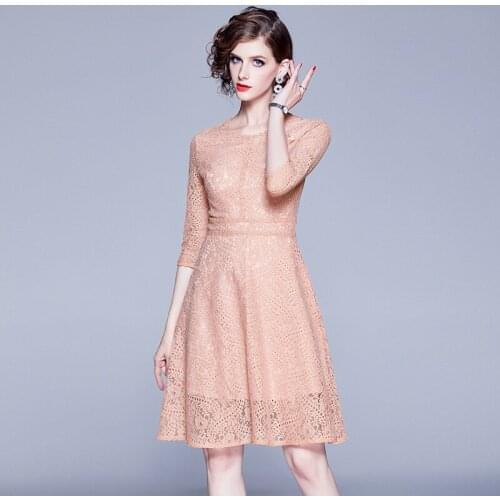 2021 Fashion Runway Womens Dress 3/4 Sleeve Hollow out Lace Flowers Slim Elegant Party Dresses vestidos de fiesta k8916