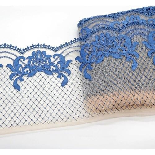 1 Meter 23 CM Wide Blue Floral Grid Embroidered Lace Trim Mesh Apricot Fabric For Lingerie Underwear Bra Dress Garter Sewing DIY