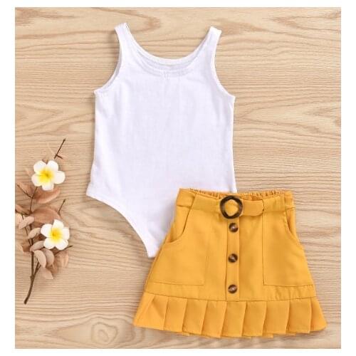 2PCS Toddler Kids Baby Girl Clothes Sets Sleeveless Solid Vest Romper Yellow Pleated Skirt Summer Outfit Set
