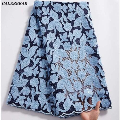 2021 High Quality Nigerian Lace Fabric Embroidery French African Sequin Lace Fabric 3D Design Sky Blue Sequins Lace Fabric S2337
