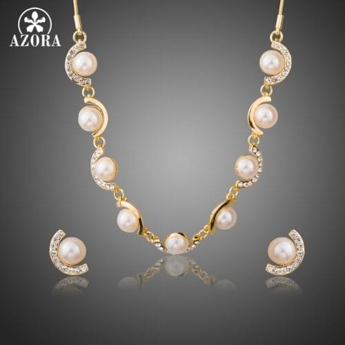 AZORA Gold Color Australian Crystal Semicircle set with Imitation Pearls Charm Necklace and Earrings Jewelry Sets TG0232