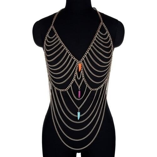 Fashion Acrylic Decor Lingerie Chain Women Summer New Sexy Metal Tassel Bling Nightclub Backless Body Chain Jewelry