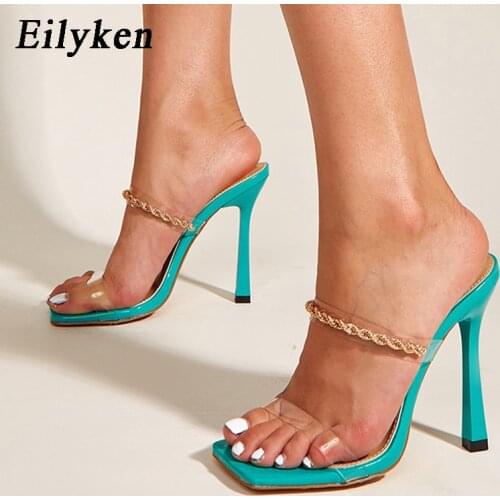 Eilyken Design Clear PVC Transparent Chain High Heel Slippers Summer Fashion Slip On Square Toe Slides Women Mules Pumps
