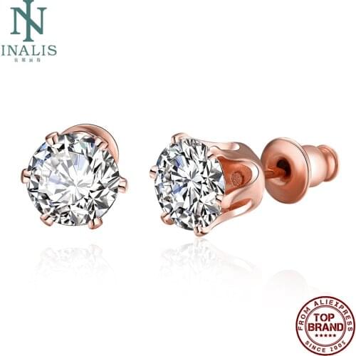 INALIS Stud Earrings Women Rose Gold Plated Romantic Round Shiny 5A Clear Cubic Zircon Earring Engagement Fashion Jewelry Best