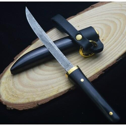 Damascus Mini Fixed Blade Pocket Knife Ebony Wood Handle&Scabbard EDC Self defense Camping Fishing Tool Collection For Gift