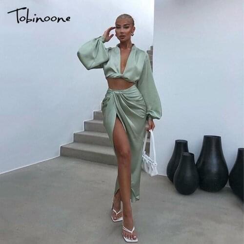 Tobinoone Solid Satin Autumn Sexy Two Piece Set Women Lantern Sleeve V Neck Crop Top And High Split Skirt Loose 2 Piece Set 2021