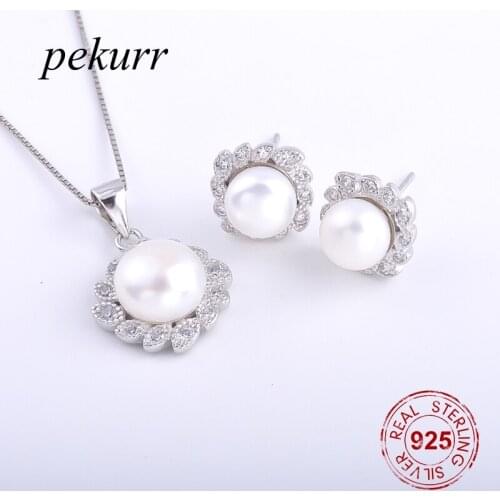 Pekurr 925 Sterling Silver Tiny Leaf Flower Freshwater Natural Pearl Earrings Necklace Sets For Women Zircon Pendant Jewelry Set
