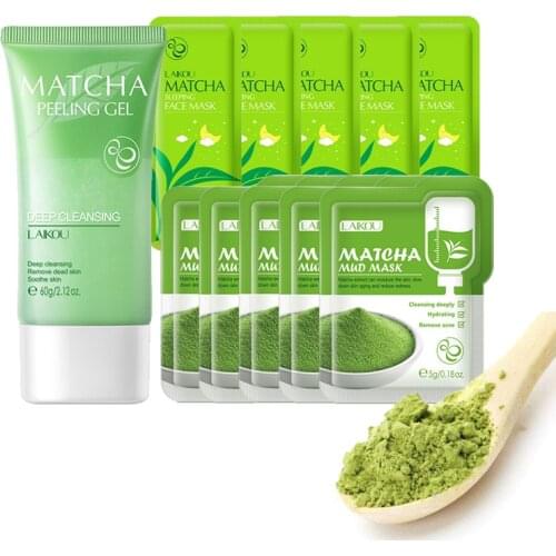 Laikou Matcha Skincare Set Face Peeling Gel Mud Mask Clean Pores Remove Blackhead Sleeping Facial Mask Moisturizing Anti Acne