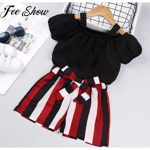 Summer Clothes Kids Girls Casual Sport Suit Outfits Cotton Off Shoulder Short Sleeve T-shirt Top Striped Belted Pants 2Pcs Sets
