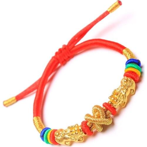 Real 24k Yellow Gold Bracelet 3D Luck Two Bless Pixiu Red Cord Bracelet 6.3"L