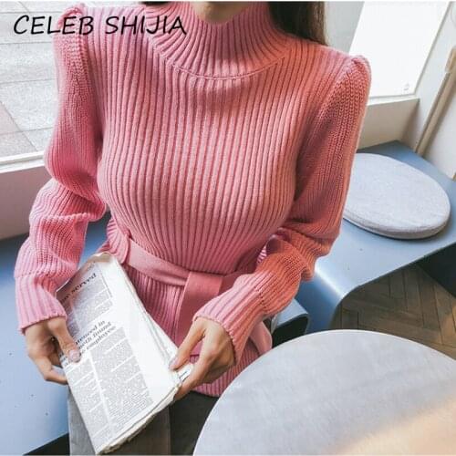 New Autumn Winter Turtleneck Knit Sweaters Woman Full-Sleeve Lace-Up Knitted Jumper Female Pullover 2021 Basic Tops