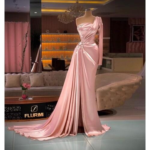 Charming Elegant Mermaid Prom Dresses One Shoulder Long Sleeve Crystals Split Women Evening Party Pageant Gowns Plus Size Custom