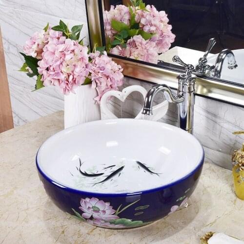 Hand Painted Hotel Washbasin Porcelain China Classic Painting Art fish blue Countertop Ceramic Bathroom Sink wash basin