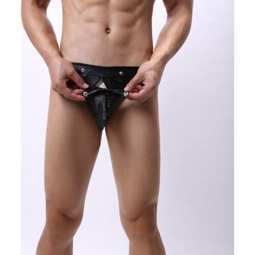 Sexy Men G-string Open Crotch PU Leather Lingerie Stage U Convex Pouch Black Patent Leather Thongs Underwear