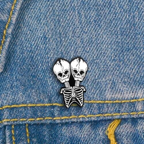 Siamese double skeleton personality exaggerated brooch suitable for Halloween funny jewelry rock fan clothes badge gift