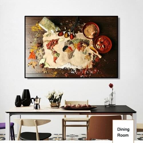 Modern World Map with Spice Canvas Painting Posters and Prints Cuadros Wall Art Picture for Dining Room Home Decoration No Frame