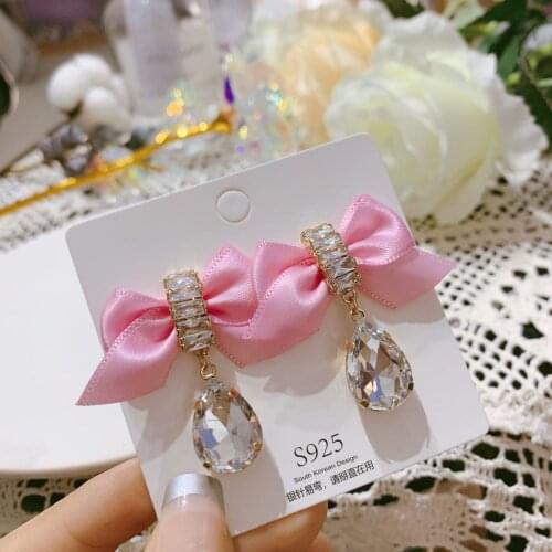 Korean Fashion Bowknot Drop Earrings For Women Girls Elegant Waterdrop Crystal Pendientes Party Jewelry