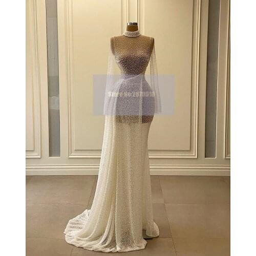 Illusion High Neck Mermaid Evening Dress Long Sleeves Beaded Sequins Pearls Floor-Length Prom Dress Night Vestidos 2020 Dubai